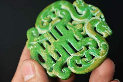 Natural Chinese Green Jade Carved Two-Sided Dragon Pendant