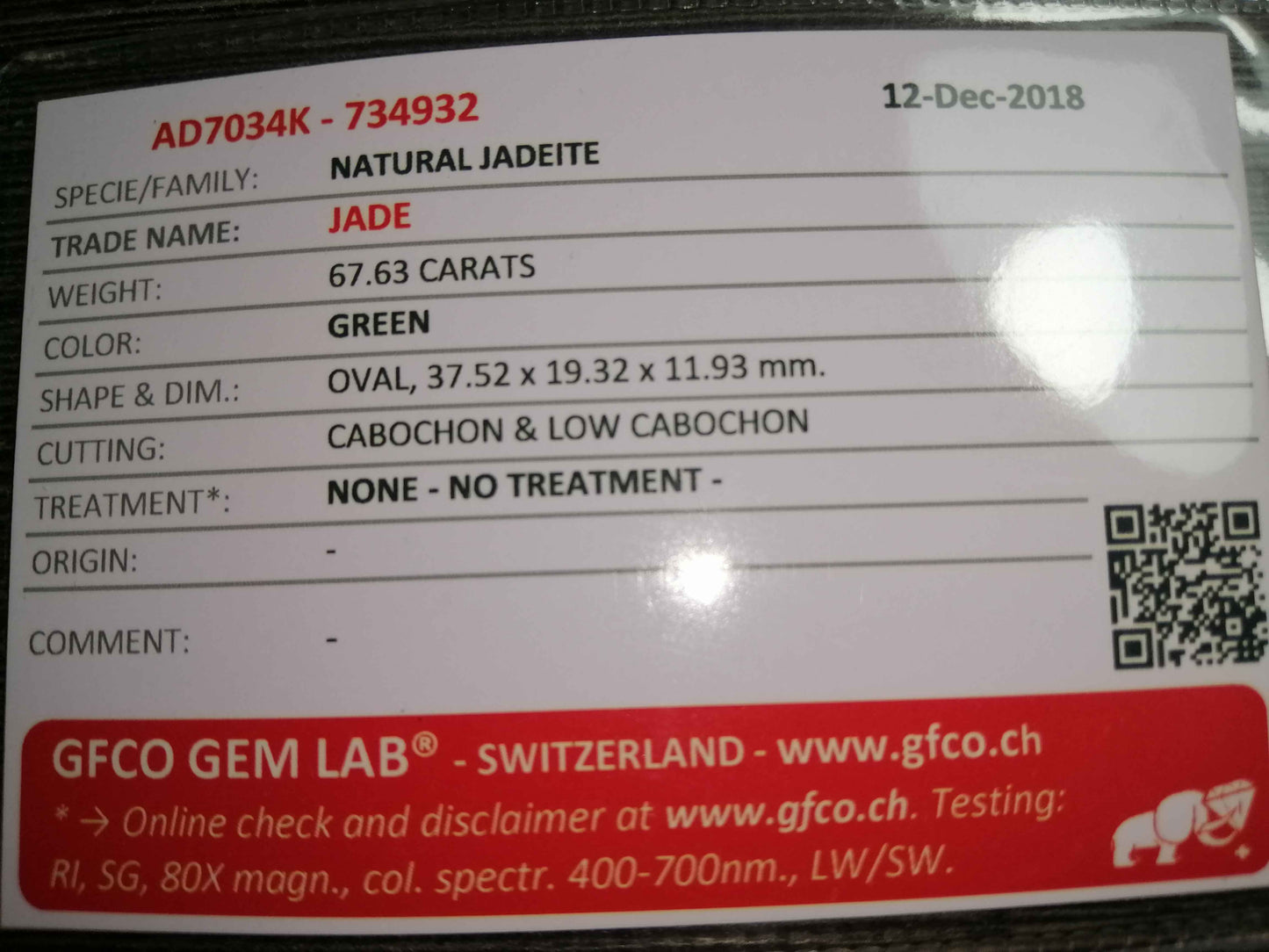 SWISS LAB CERTIFIED  67.63CT NATURAL JADE