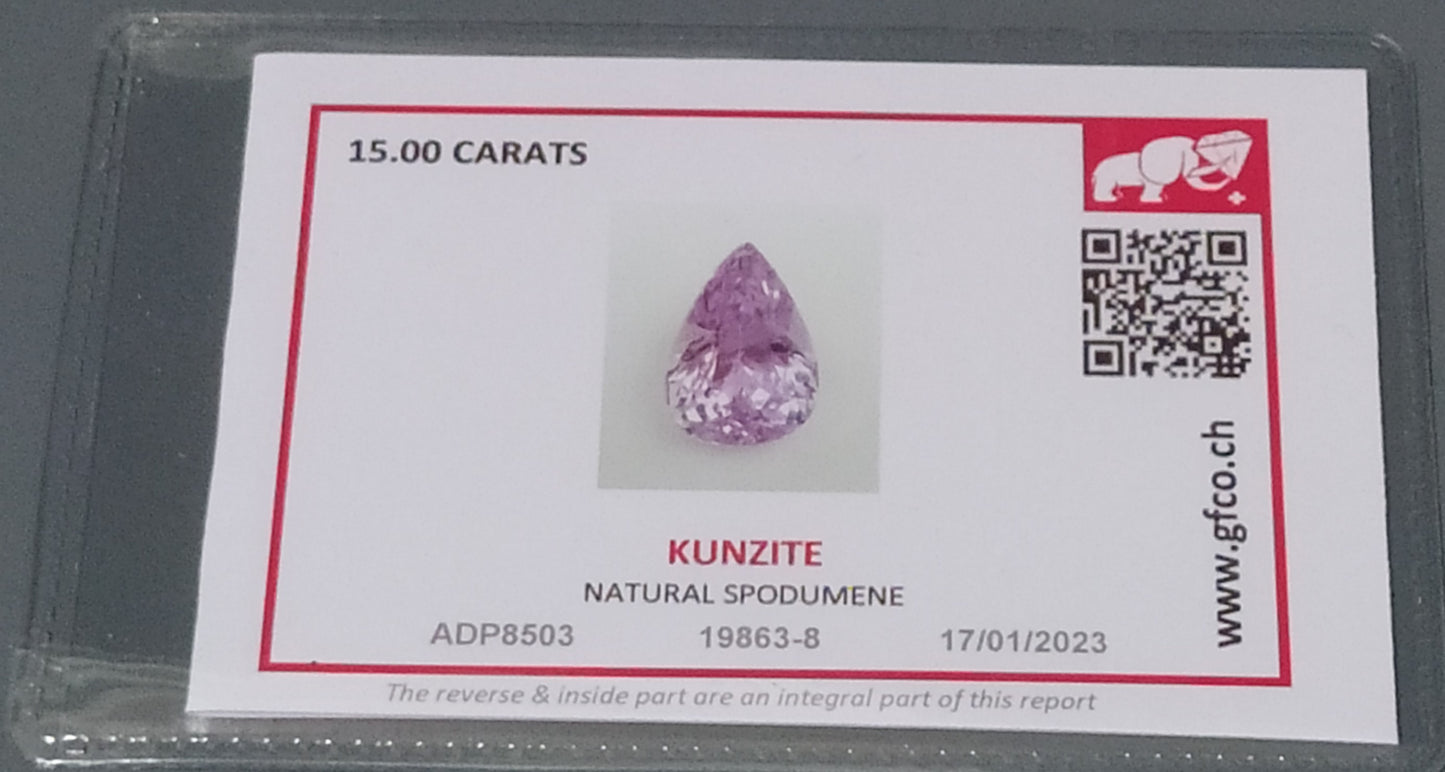 Swiss Lab Certified 15.00ct Amazing Pink Pear Cut Natural Kunzite Gemstone