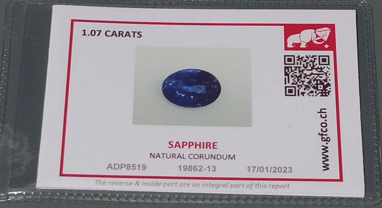 Swiss Lab Certified Natural Blue Sapphire 1.07ct Oval Shape Gemstone