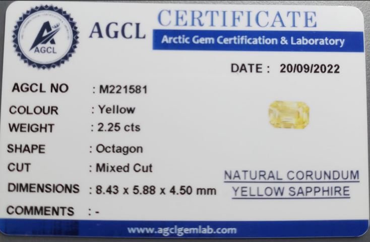 Certified 2.25cts Octagon Natural Yellow Sapphire Gemstone