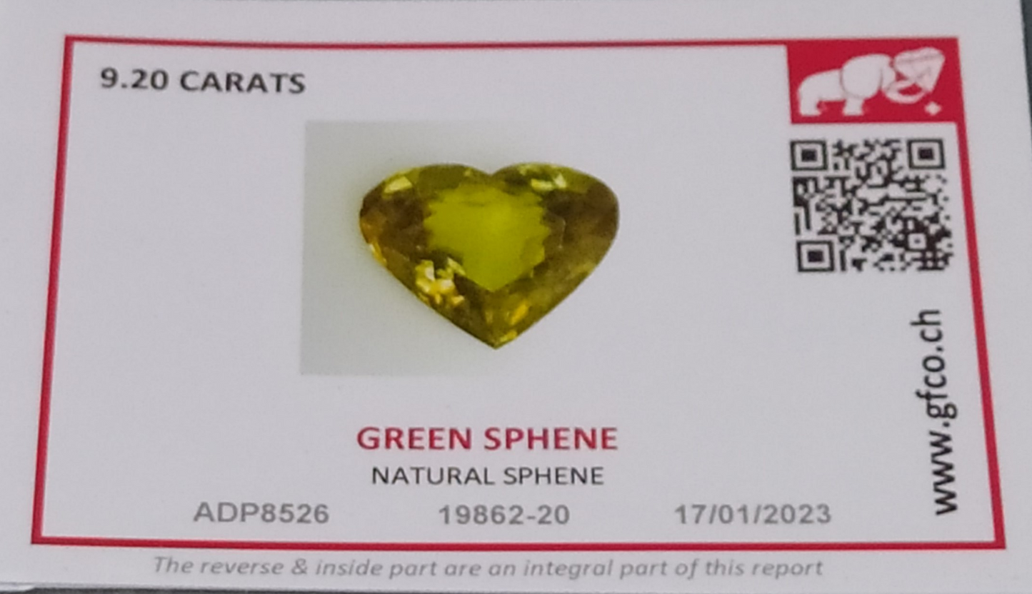 Swiss Lab Certified 9.20ct Heart Shape Natural Sphene Gemstone