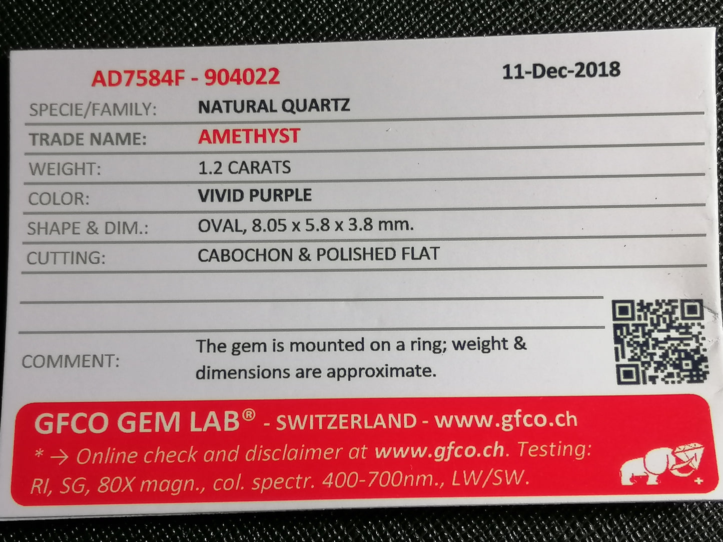 Natural Swiss Lab Certified Amethyst (SIZE 6) SR30