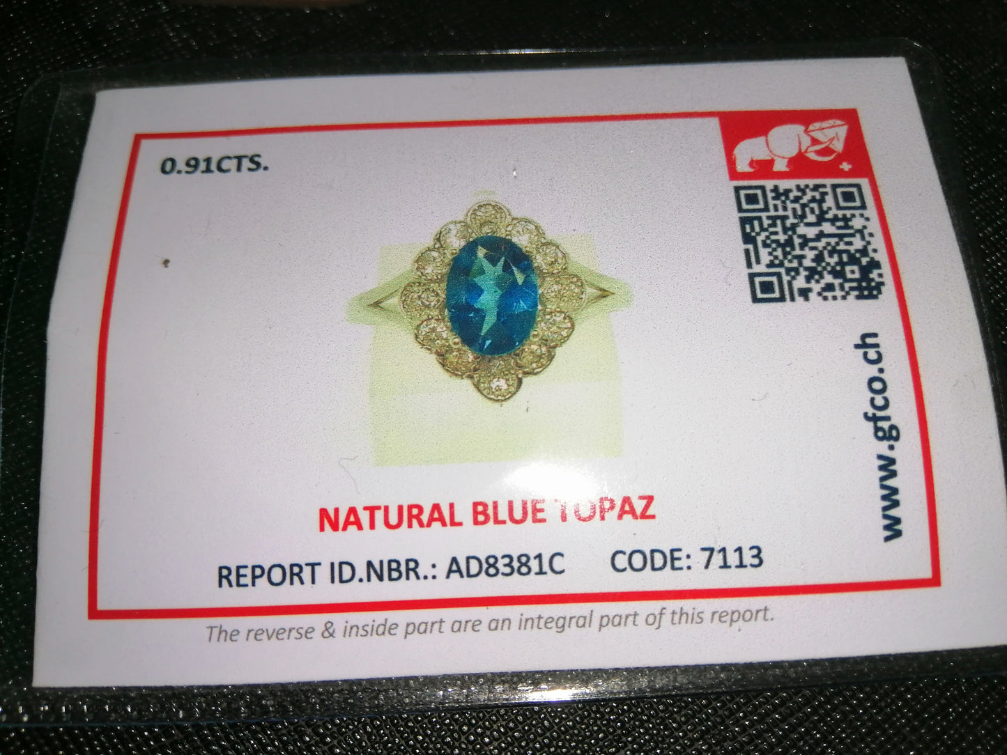 Natural Swiss Lab Certified Blue Topaz (SIZE 8.5) SR44