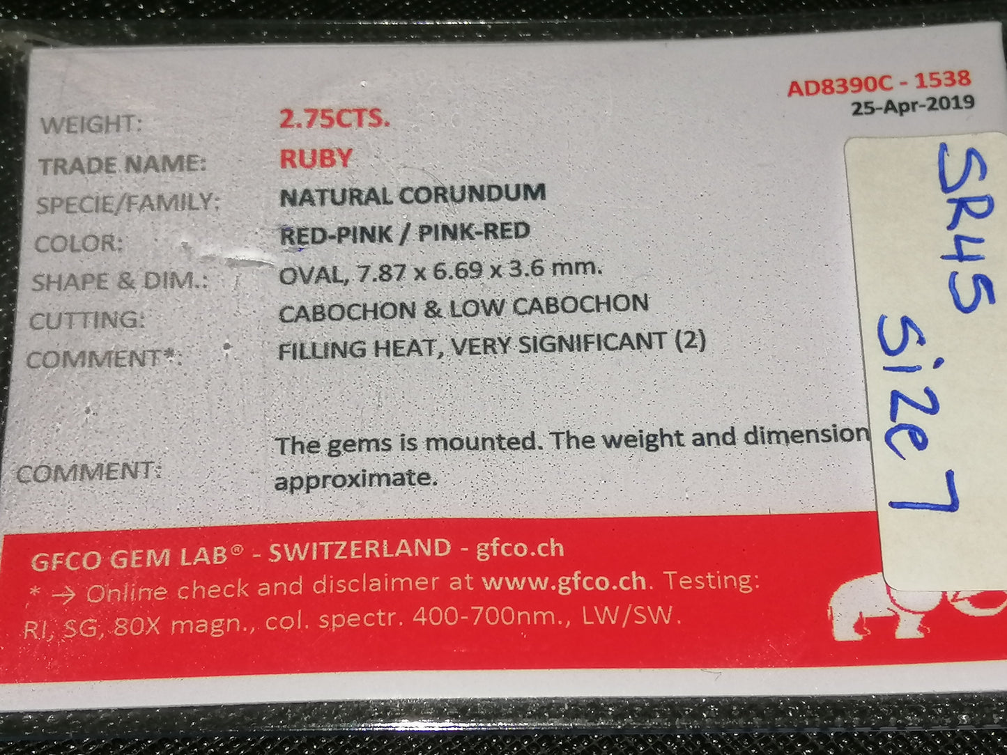 Natural Swiss Lab Certified Ruby (SIZE 7) SR45