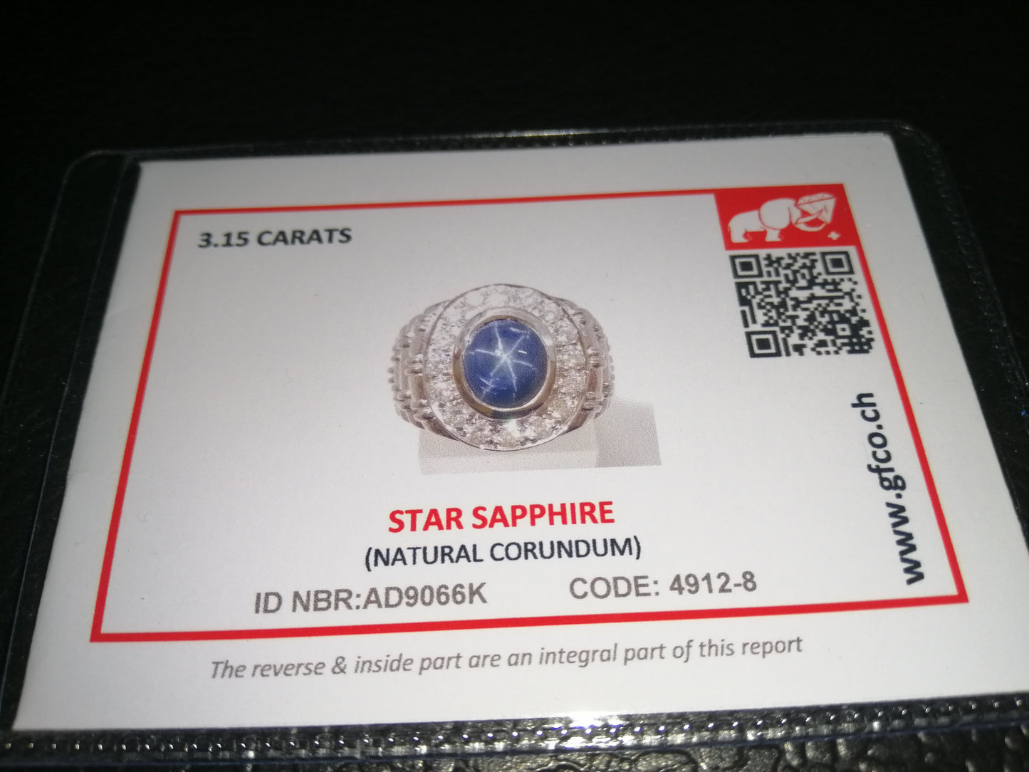 Natural SWISS LAB CERTIFIED RING with Star Sapphire (SIZE 10) SR55