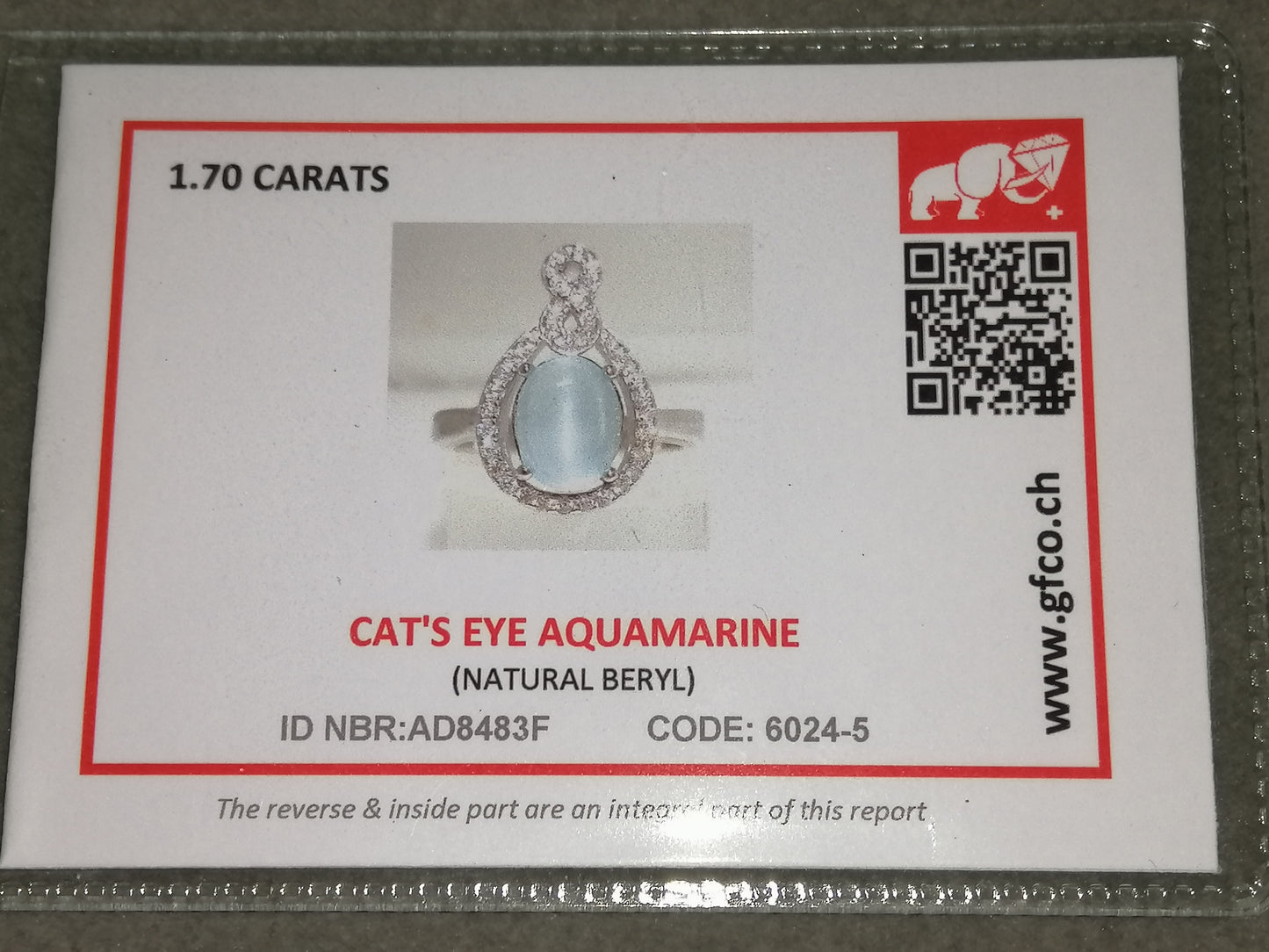 Natural Swiss Lab Certified Cats Eye Aquamarine (SIZE 5.5) SR64