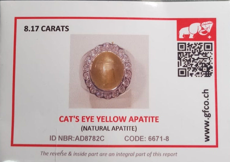 Natural SWISS LAB CERTIFIED RING with Cats Eye Yellow Apatite (SIZE 10) SR73