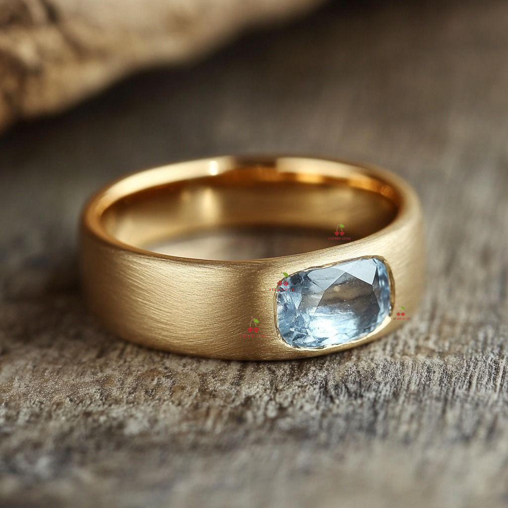 Modern Simplicity: Gold Band(Options: Blue Topaz/Aquamarine) with Satin Finish 925 w/18k YG Plated. Upgrade to 14k/18k