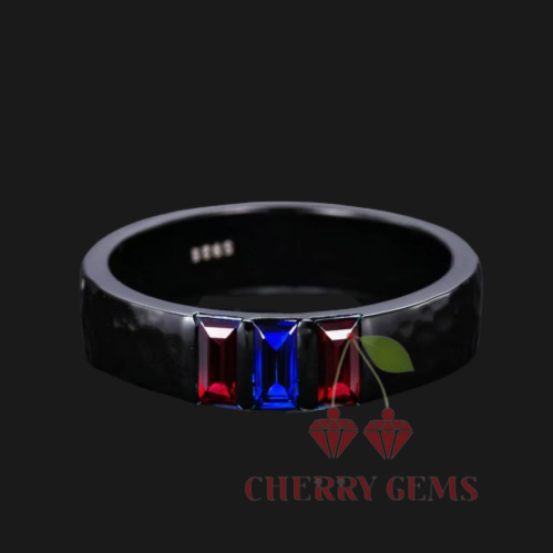 Tricolor Triumph: Black Hammered Rhodium Band with Ruby and Sapphire Accents