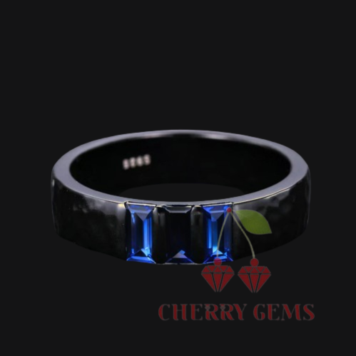 Midnight Majesty: in Hammered Black Rhodium Band with Blue Sapphire Trio