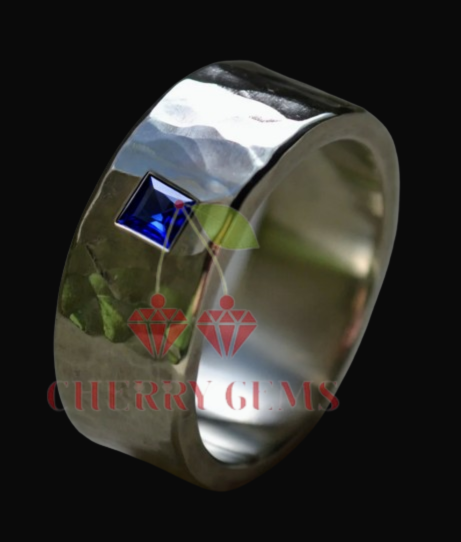 Hammered Band Ring with Blue Sapphire