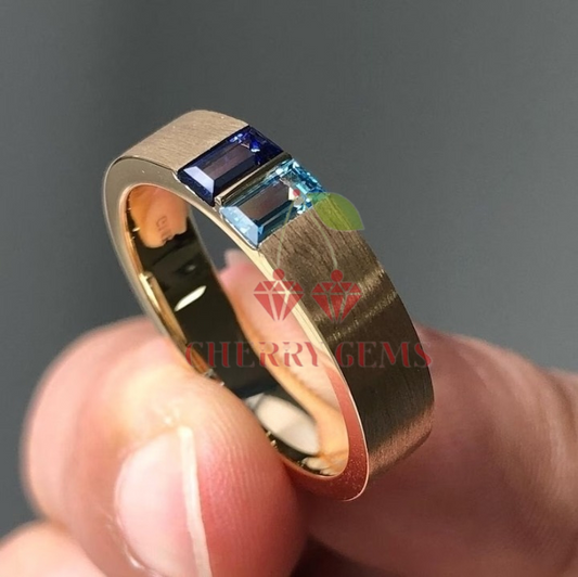 Men's Gold Ring with 5x2.50mm Baguette Sapphire and Topaz