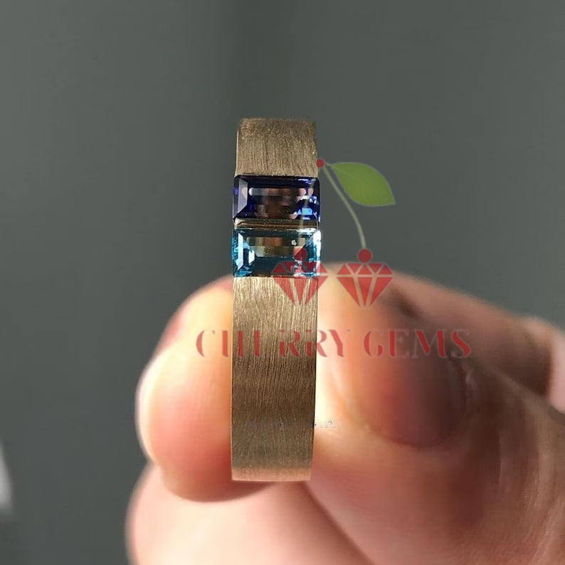 Men's Gold Ring with 5x2.50mm Baguette Sapphire and Topaz