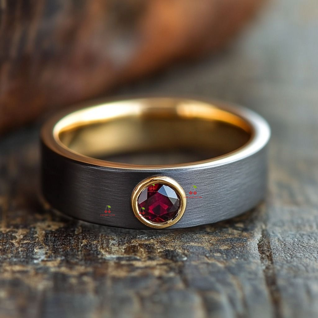 Bold Ruby Elegance - Men's Satin-Finished Ring