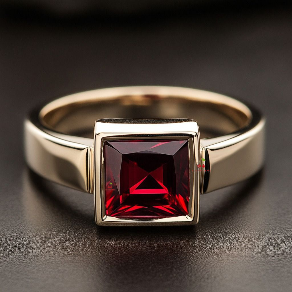 Elegant Gold Ring with a Square-Cut Red Gemstone