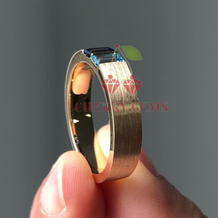 Men's Gold Ring with 5x2.50mm Baguette Sapphire and Topaz