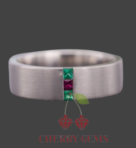 Modern Elegance: Satin Band with Emerald and Ruby Inlay