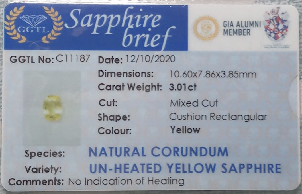 Natural Unheated Yellow Sapphire: Sunfire Brilliance 3.01cts- YS2 (24)