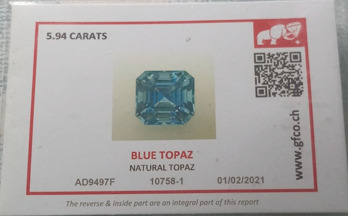 Natural Swiss Lab Certified Blue Topaz:  Azure Majesty 5.94cts- BTZ1 (24)