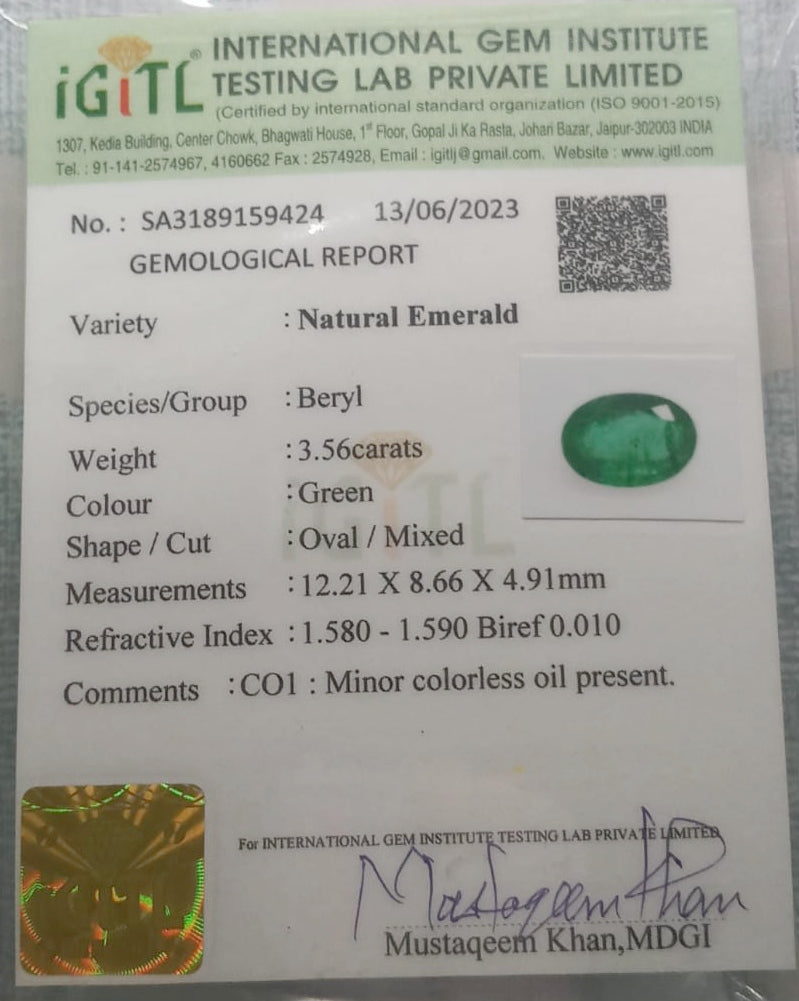 Natural Certified Emerald EM185 3.56cts