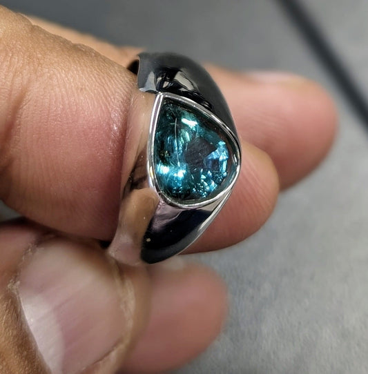 Custom Made Natural Teal Blue Emerald Pear Signet Ring