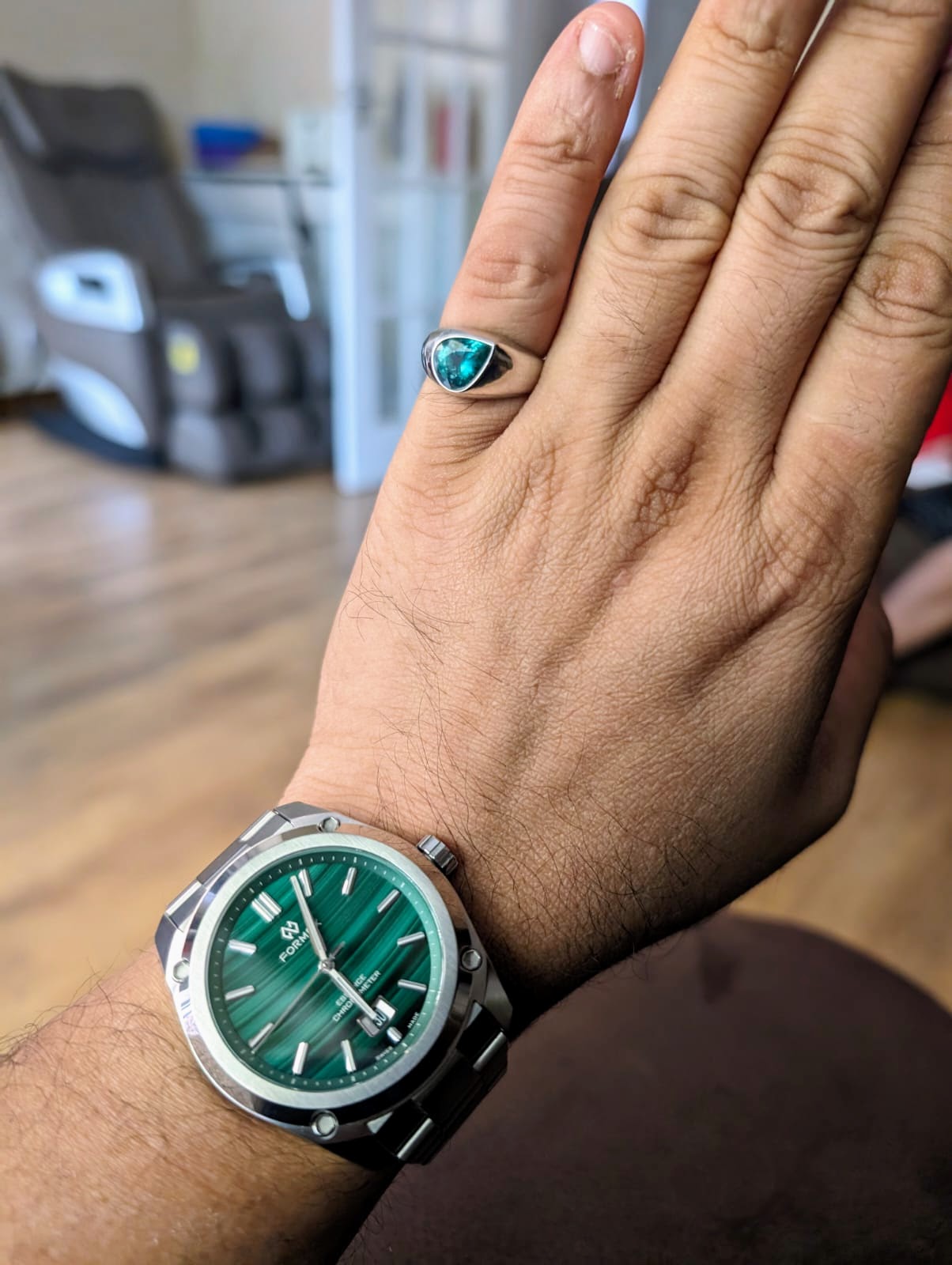 Custom Made Natural Teal Blue Emerald Pear Signet Ring