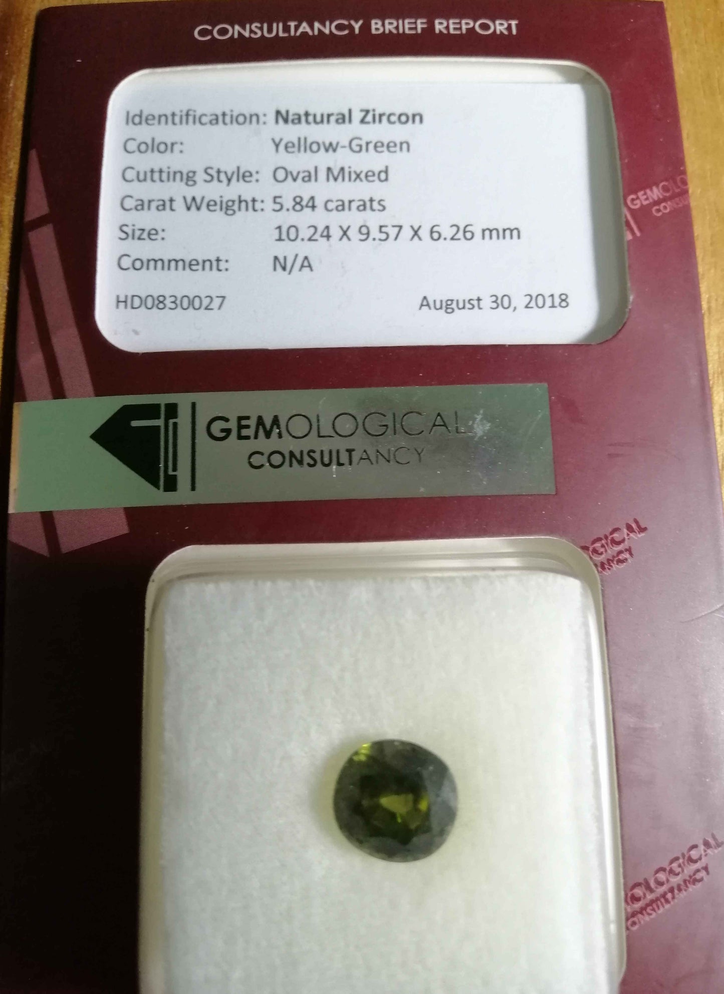 Certified 5.84ct Natural Yellow-Green Zircon Gemstone