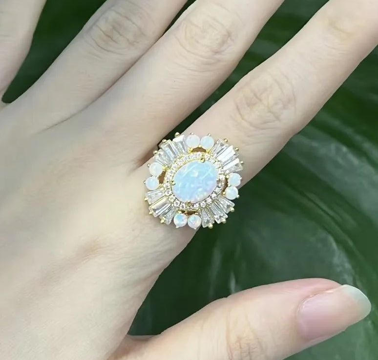 Luminous 5ct Oval Opal Engagement Ring with Dazzling White Sapphire & Opal Halo