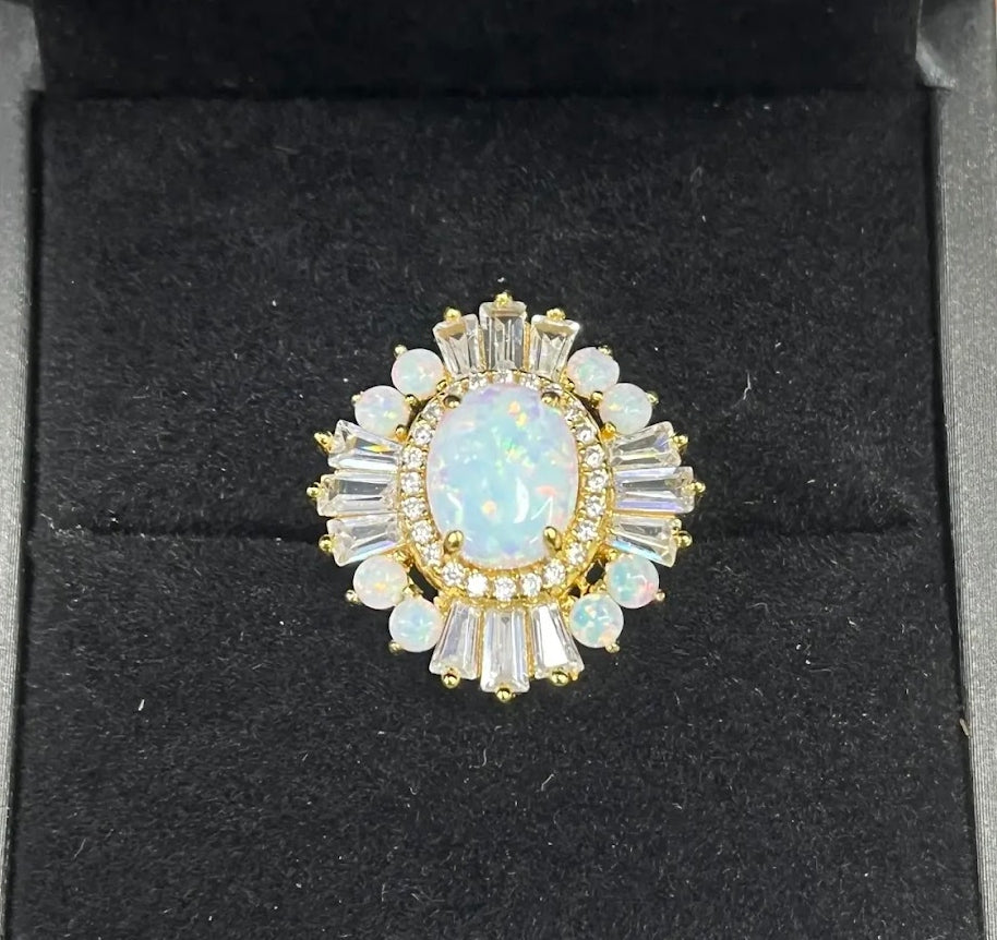 Luminous 5ct Oval Opal Engagement Ring with Dazzling White Sapphire & Opal Halo