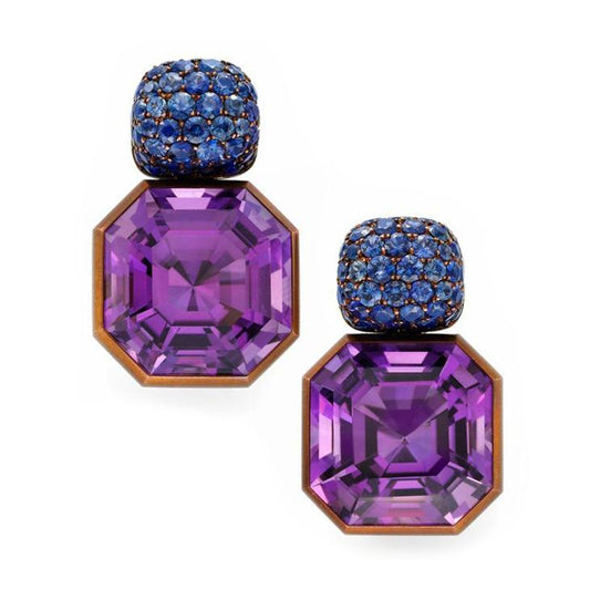 Asscher Amethyst Cocktail Earrings. Customizabile w/Tanzanite w/Sapphires Rose Gold/Yellow/White Gold