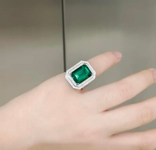 Regal 10ct Double Halo Emerald Cut Emerald & Sapphire Engagement Ring