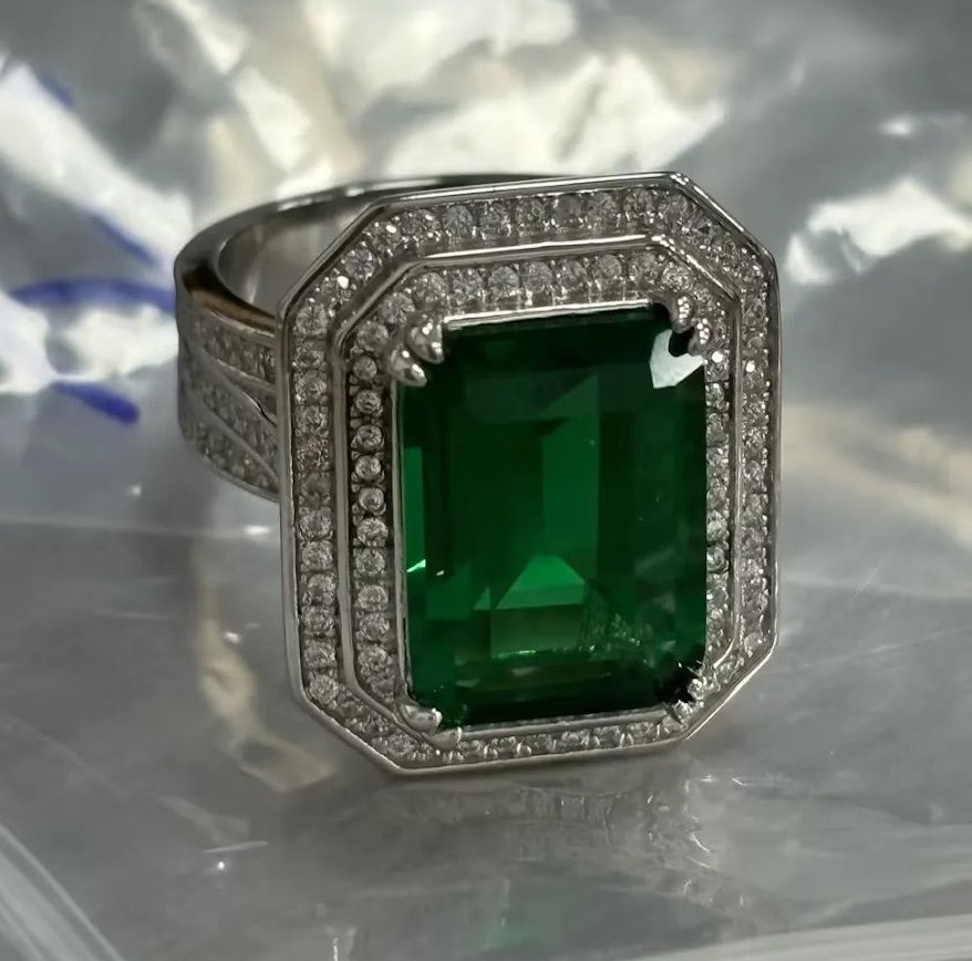 Regal 10ct Double Halo Emerald Cut Emerald & Sapphire Engagement Ring