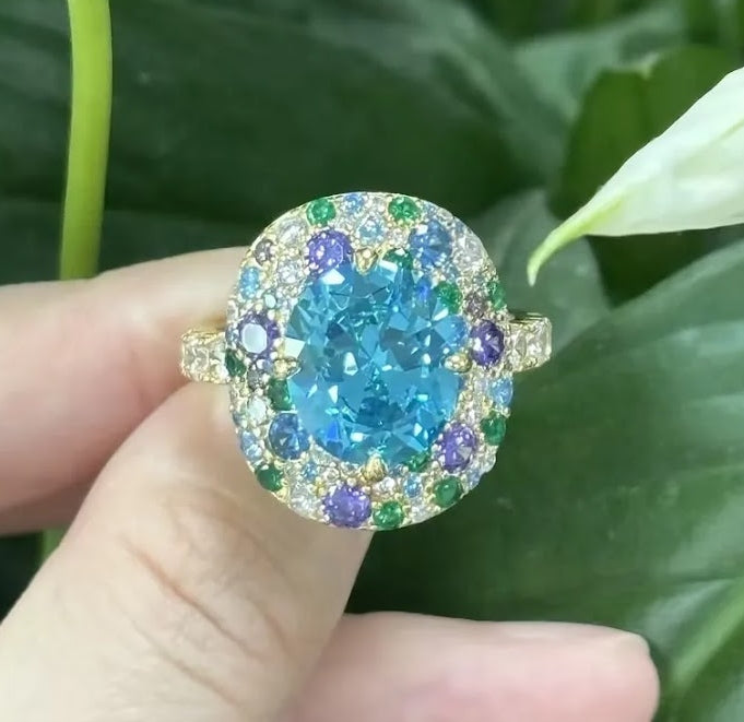 Vibrant 5-Carat Oval Aquamarine and Sapphire Cocktail Ring