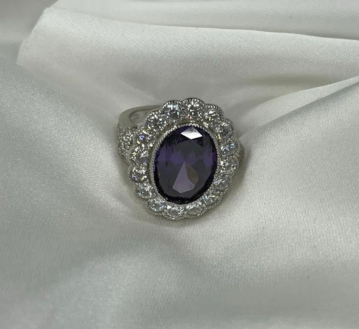 Charming 5 Carat Oval Halo Amethyst Sapphire Engagement Ring