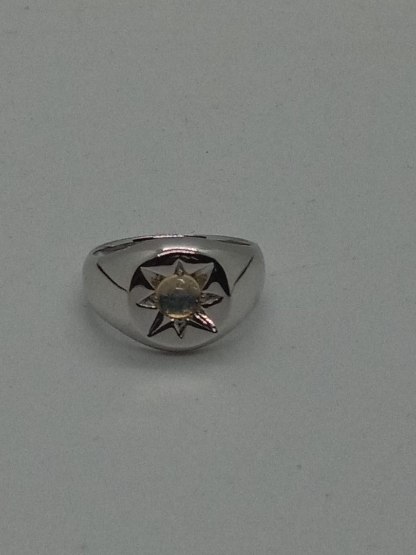 Certified North Star Signet 3.25 with Centre White Opal Blue Shade 14k with Engraving