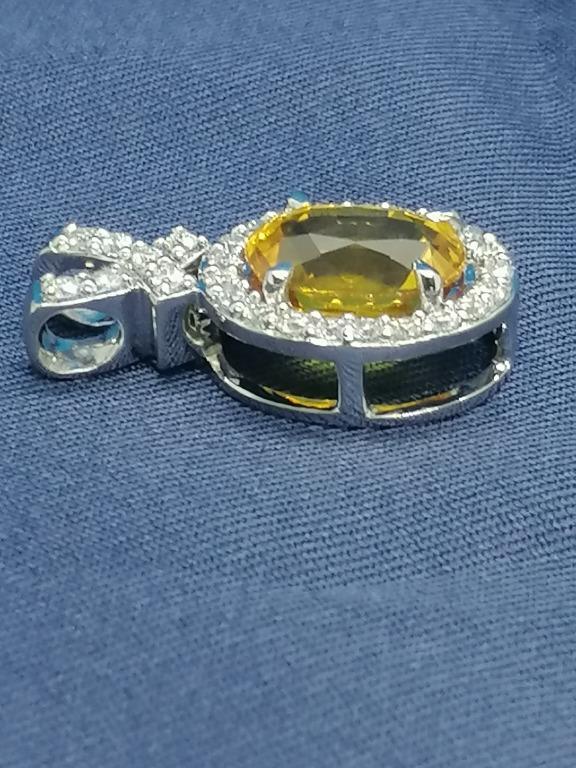 Natural Yellow Sapphire with Moissanite on 18k White Gold Pendant
