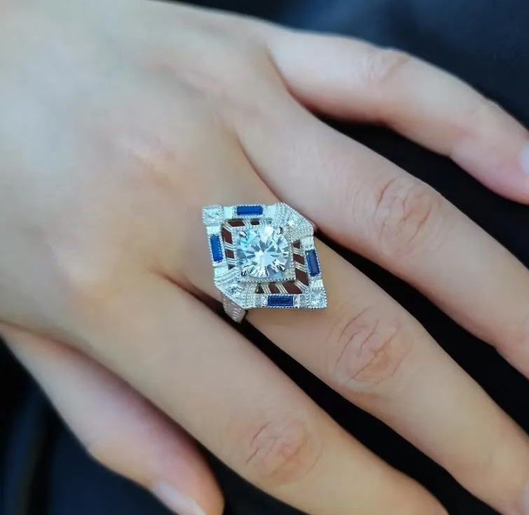 3ct Art Deco Round-Cut Blue Sapphire Engagement Ring