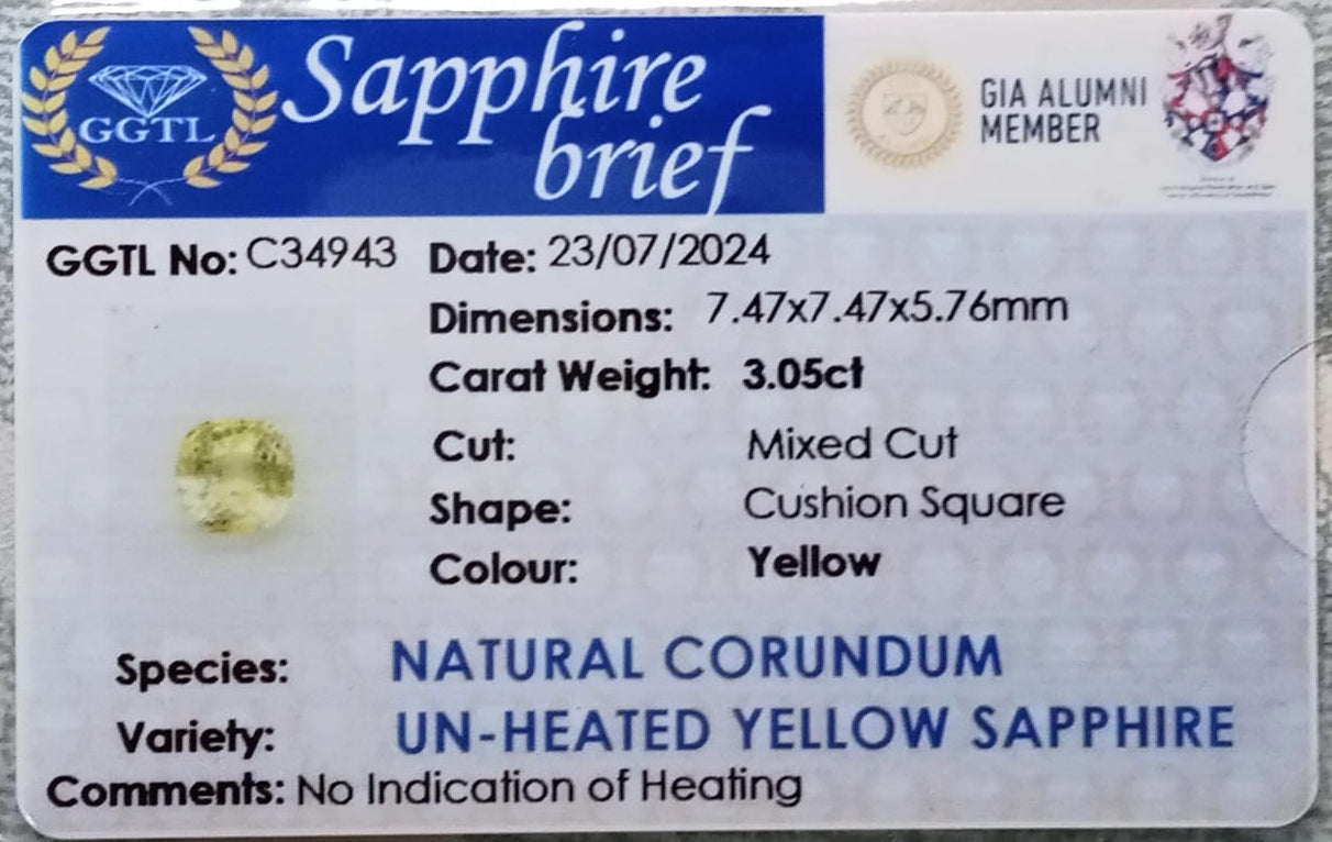 Natural Unheated Certified Yellow Sapphire 3.05cts 11-24-4-YS693