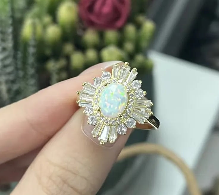 Luminous 5ct Oval Opal Engagement Ring with Dazzling White Sapphire & Opal Halo