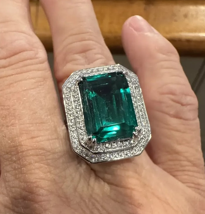 Regal 10ct Double Halo Emerald Cut Emerald & Sapphire Engagement Ring