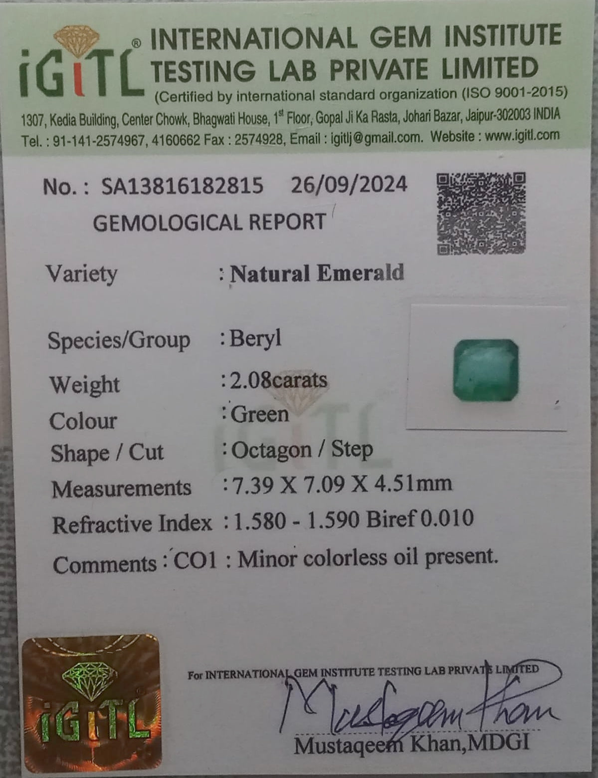 Natural Certified Emerald 2.08cts 11-24-13-EM87