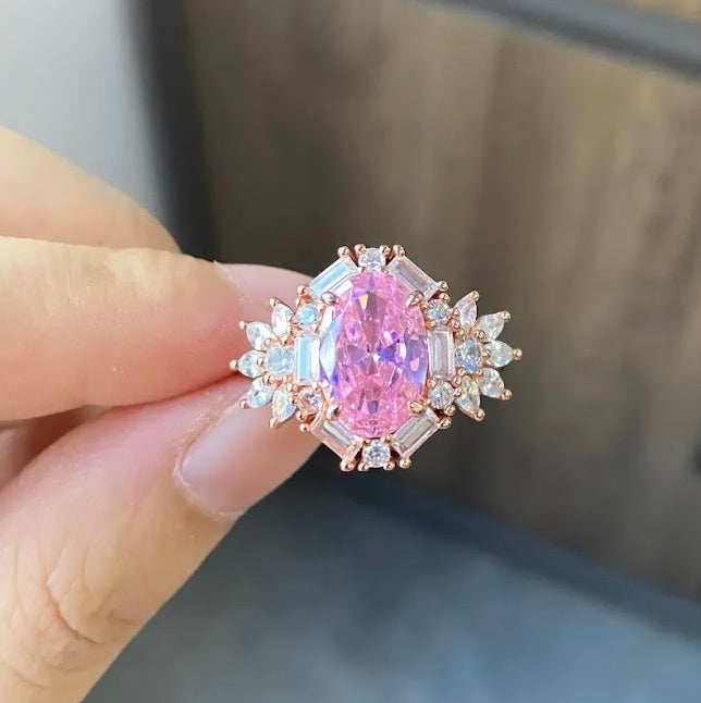 3-Carat Oval-Cut Pink Sapphire Engagement Ring with Halo in Rose Gold