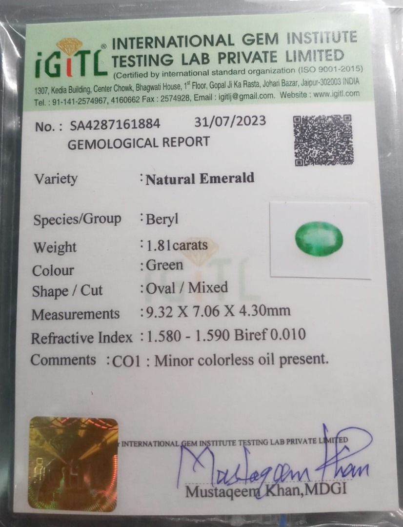 Natural Certified Emerald EM142 1.81cts