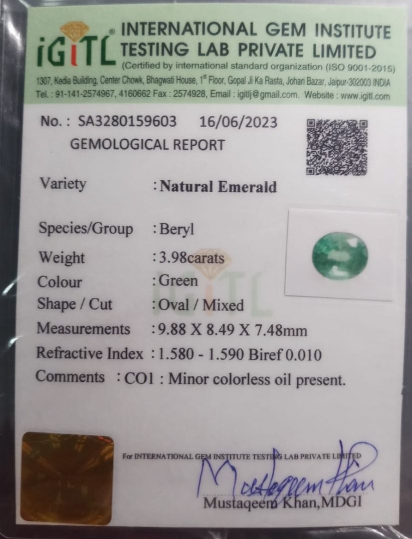 Natural Certified Emerald EM345 3.98cts