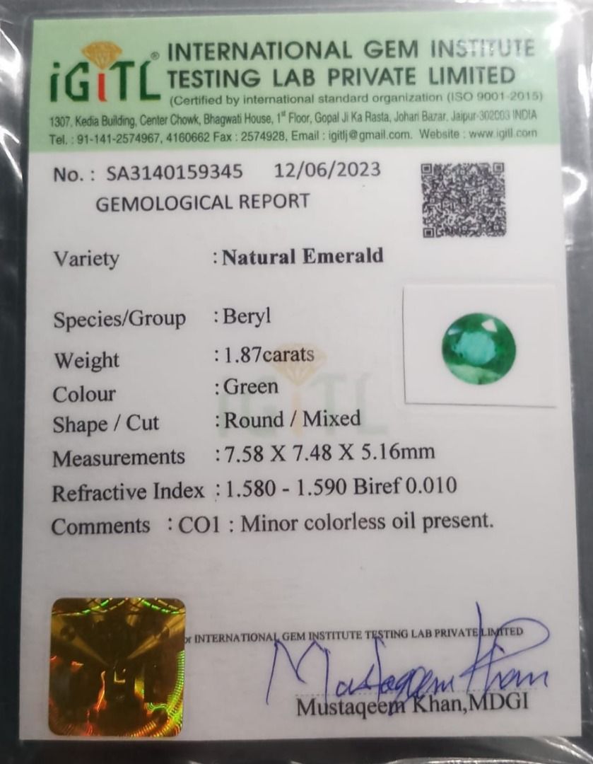 Natural Certified Emerald EM66 1.87cts