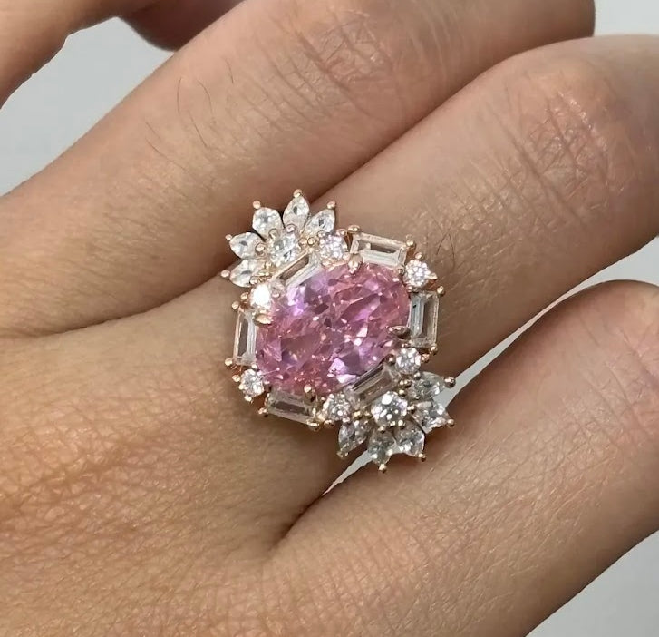 3-Carat Oval-Cut Pink Sapphire Engagement Ring with Halo in Rose Gold
