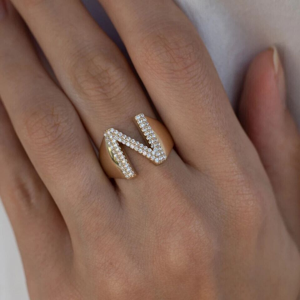 Gold Initial "N" Ring with Diamond Accents