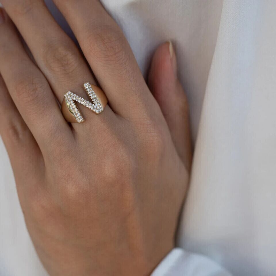 Gold Initial "N" Ring with Diamond Accents