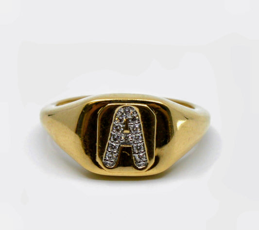 Gold Signet Ring with Diamond "A" Initial